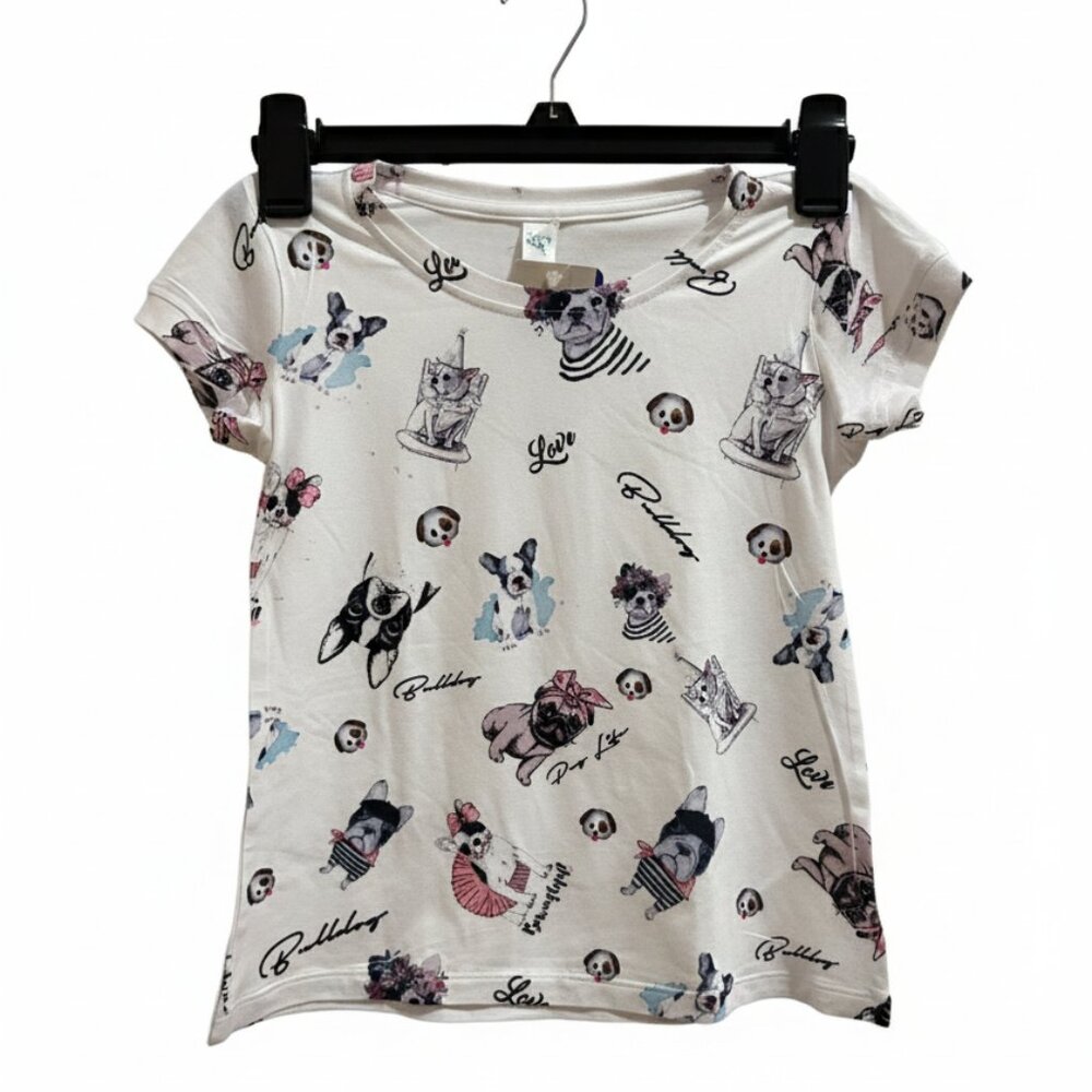 Ligiana Fit Bulldog & Pug "Love" Graphic Tee Kids 6/8 All Over Dog Print